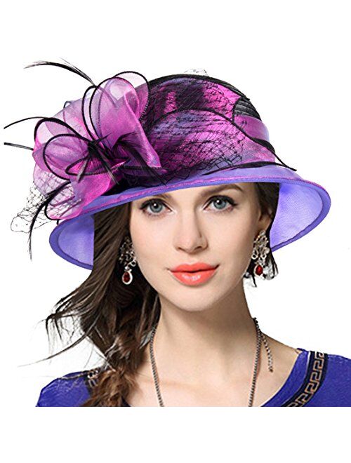 VECRY Lady Derby Dress Church Cloche Hat Bow Bucket Wedding Bowler Hats