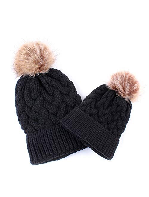 2PCS Mother&Baby Hat Parent-Child Hat Family Matching Cap Winter Warmer Knit Wool Beanie Ski Cap