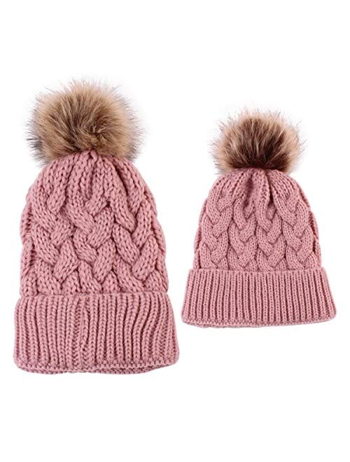 2PCS Mother&Baby Hat Parent-Child Hat Family Matching Cap Winter Warmer Knit Wool Beanie Ski Cap