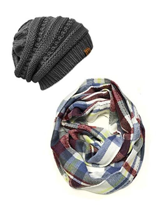 Bowbear Tartan Winter Infinity Scarf with Beanie