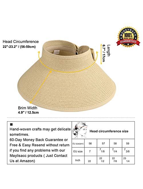 Maylisacc Foldable Straw Sun Visors for Women, Sun Protecetion Wide Brim Sun Hats Adjustable Topless Beach Hat