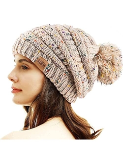 REDESS Women Winter Pom Pom Beanie Hat with Warm Fleece Lined, Thick Slouchy Snow Knit Chunky Baggy Skull Ski Cap (Beige)