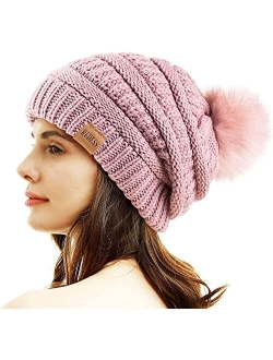 REDESS Women Winter Pom Pom Beanie Hat with Warm Fleece Lined, Thick Slouchy Snow Knit Chunky Baggy Skull Ski Cap (Beige)