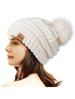 REDESS Women Winter Pom Pom Beanie Hat with Warm Fleece Lined, Thick Slouchy Snow Knit Chunky Baggy Skull Ski Cap (Beige)