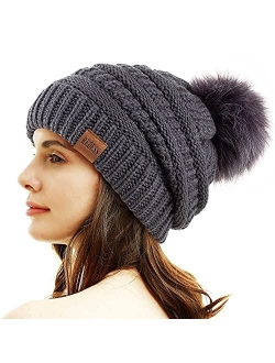 REDESS Women Winter Pom Pom Beanie Hat with Warm Fleece Lined, Thick Slouchy Snow Knit Chunky Baggy Skull Ski Cap (Beige)