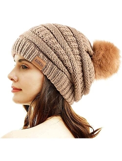 REDESS Women Winter Pom Pom Beanie Hat with Warm Fleece Lined, Thick Slouchy Snow Knit Chunky Baggy Skull Ski Cap (Beige)