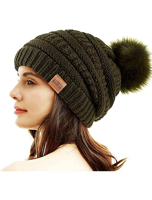 REDESS Women Winter Pom Pom Beanie Hat with Warm Fleece Lined, Thick Slouchy Snow Knit Chunky Baggy Skull Ski Cap (Beige)