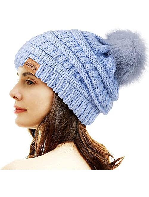 REDESS Women Winter Pom Pom Beanie Hat with Warm Fleece Lined, Thick Slouchy Snow Knit Chunky Baggy Skull Ski Cap (Beige)