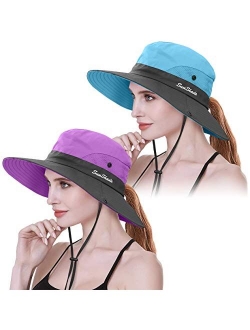 2 Pieces Womens Ponytail UV Protection Sun Hat Packable Wide Brim Boonie Cap for Fishing Hiking