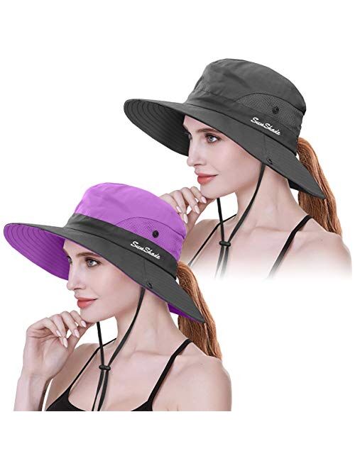 2 Pieces Womens Ponytail UV Protection Sun Hat Packable Wide Brim Boonie Cap for Fishing Hiking