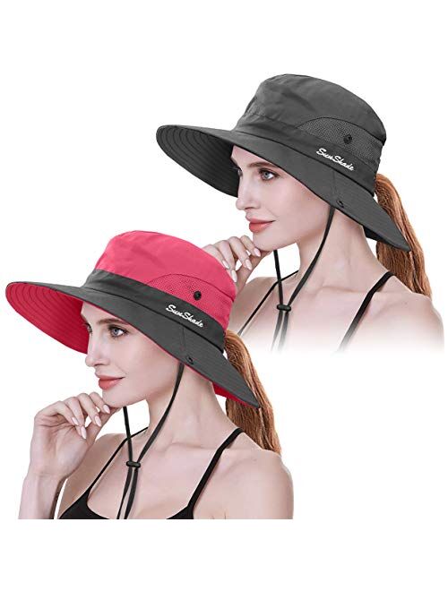 2 Pieces Womens Ponytail UV Protection Sun Hat Packable Wide Brim Boonie Cap for Fishing Hiking