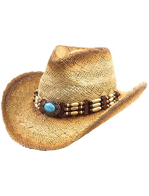 Queue Essentials Men & Women's Woven Straw Cowboy Cowgirl Hat Western Outback w/Wide Brim