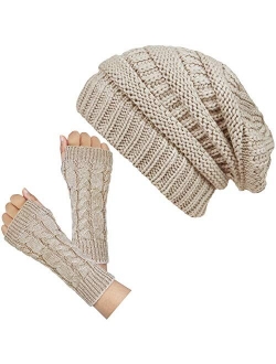 Loritta Womens Beanie Hats Winter Warm Chunky Soft Stretch Cable Knit Fingerless Gloves Set Gifts