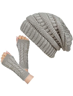 Loritta Womens Beanie Hats Winter Warm Chunky Soft Stretch Cable Knit Fingerless Gloves Set Gifts