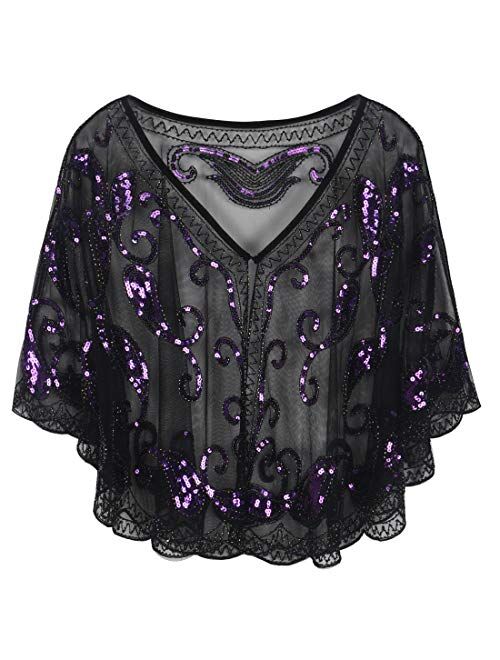 PrettyGuide Women's Evening Cape Sequin Deco Paisley 1920s Shawl Flapper Cover up