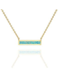 14K Gold Plated Thin Bar Green/White Created Opal Necklace Pendant 16-18"