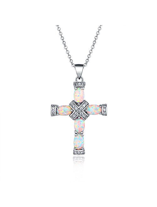 Barzel Rose Gold & White Gold Plated Created Opal Cross Chain with Pendant