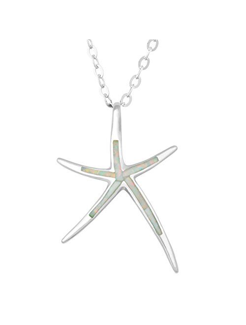 Sterling Silver, Gold Tone or Rose Tone Created Blue, White or Pink Opal Starfish 18" Pendant Necklace