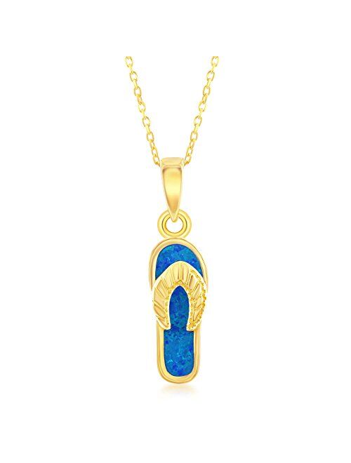 Sterling Silver and Gold Tone Created Blue Opal Flip-flop 18" Pendant Necklace