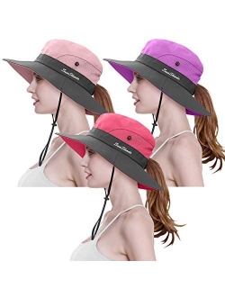 3 Pieces Womens Ponytail Wide Brim Sun Hat Packable UV Protection Beach Cap for Fishing & Hiking