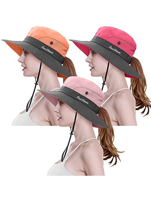 3 Pieces Womens Ponytail Wide Brim Sun Hat Packable UV Protection Beach Cap for Fishing & Hiking