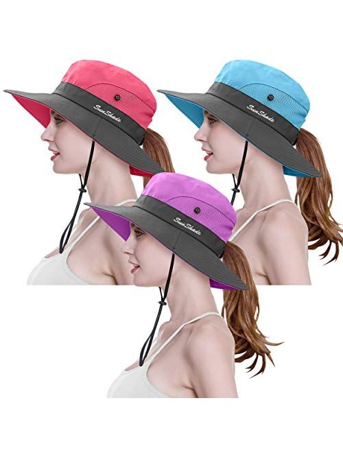 3 Pieces Womens Ponytail Wide Brim Sun Hat Packable UV Protection Beach Cap for Fishing & Hiking