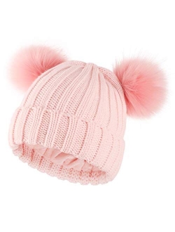 Womens Double Pom Pom Winter Beanie Bobble Hat Knitted Faux Raccoon Fur Detachable Ball Cap Adult Skull Hat