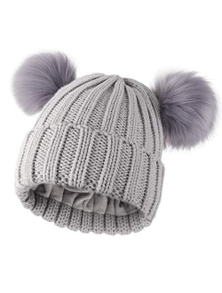 Womens Double Pom Pom Winter Beanie Bobble Hat Knitted Faux Raccoon Fur Detachable Ball Cap Adult Skull Hat