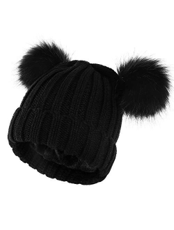 Womens Double Pom Pom Winter Beanie Bobble Hat Knitted Faux Raccoon Fur Detachable Ball Cap Adult Skull Hat