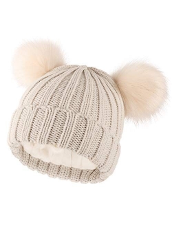 Womens Double Pom Pom Winter Beanie Bobble Hat Knitted Faux Raccoon Fur Detachable Ball Cap Adult Skull Hat