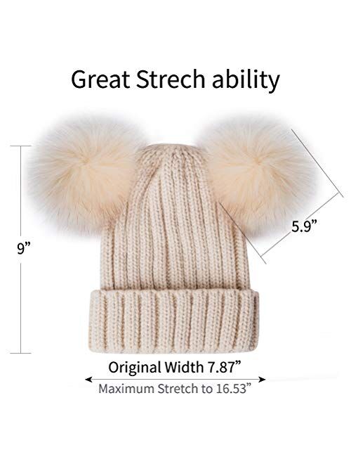 Womens Double Pom Pom Winter Beanie Bobble Hat Knitted Faux Raccoon Fur Detachable Ball Cap Adult Skull Hat