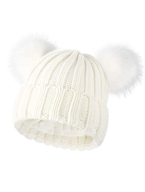 Womens Double Pom Pom Winter Beanie Bobble Hat Knitted Faux Raccoon Fur Detachable Ball Cap Adult Skull Hat