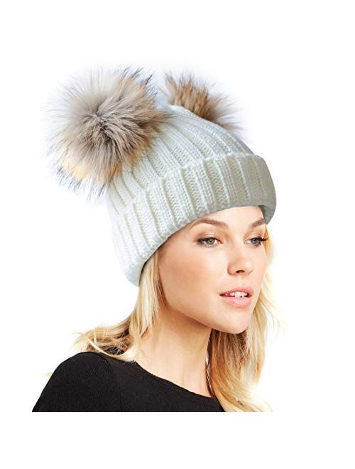 Womens Double Pom Pom Winter Beanie Bobble Hat Knitted Faux Raccoon Fur Detachable Ball Cap Adult Skull Hat