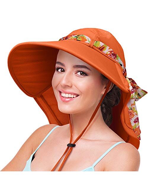 Womens Sun Hats Neck Flap Large Brim UV Protection Foldable Fishing Hiking Cap