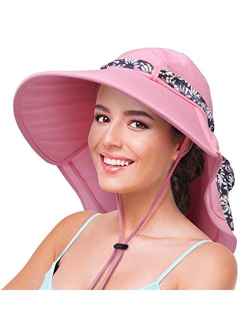 Womens Sun Hats Neck Flap Large Brim UV Protection Foldable Fishing Hiking Cap