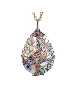 sedmart Tear Drop Abalone Shell Pendent Necklace Wire Wrap Abalone Shell Tree of Life Pendant Necklace Fashion Necklace Jewelry for Women Handmade Necklace Mothers Day Ne