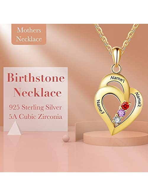 Personalized Mothers Name Necklace Sterling Silver with 3 Simulated Birthstones Pendant Relationship Heart Name Necklace for 3 Meaningful Necklace for Women