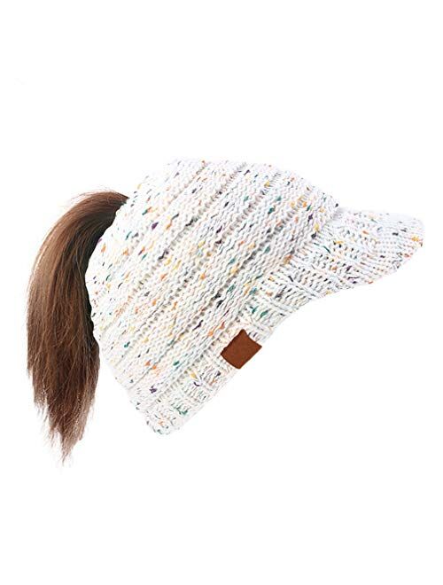 Dukars Women's Warm Chunky Cable Knit Messy Bun Hat Ponytail Visor Beanie Cap