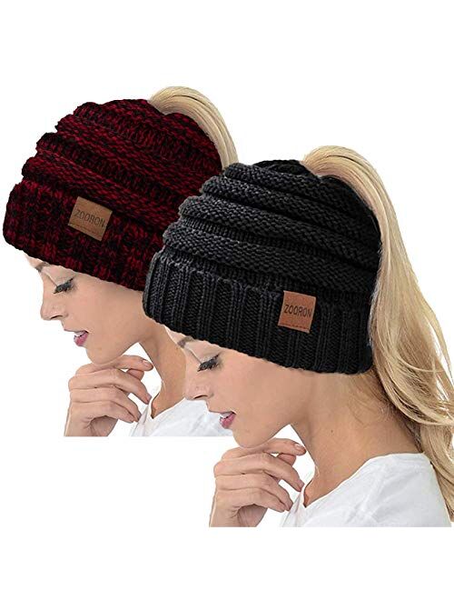 ZOORON Ponytail Beanie Hat for Women, High Messy Warm Stretch Cable Knit Winter Ponytail Beanie Skull Cap