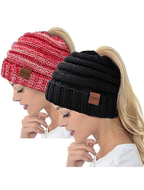 ZOORON Ponytail Beanie Hat for Women, High Messy Warm Stretch Cable Knit Winter Ponytail Beanie Skull Cap