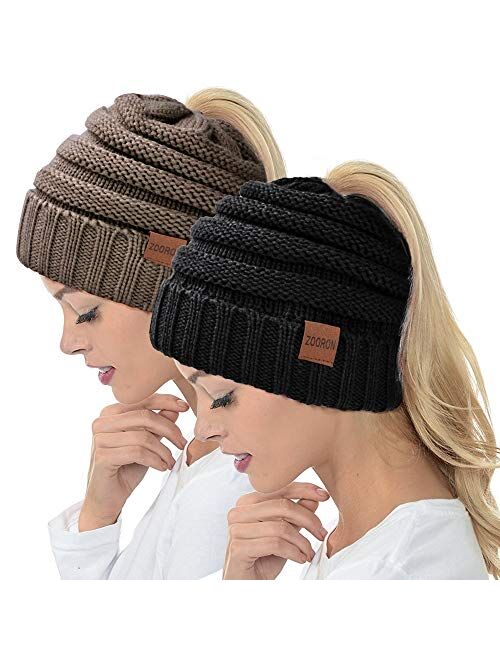 ZOORON Ponytail Beanie Hat for Women, High Messy Warm Stretch Cable Knit Winter Ponytail Beanie Skull Cap