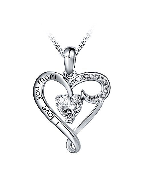 Mother's Birthday Gift I Love You Mom S925 Sterling Silver Heart Pendant Necklace