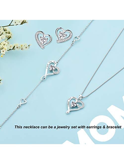 Mother's Birthday Gift I Love You Mom S925 Sterling Silver Heart Pendant Necklace