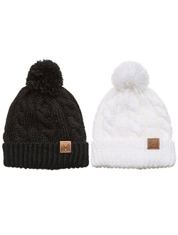 MIRMARU Winter Oversized Cable Knitted Pom Pom Beanie Hat with Fleece Lining.