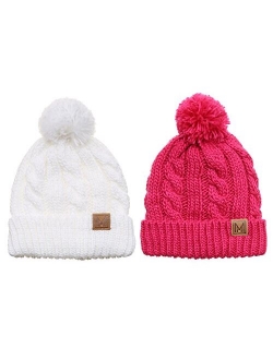 MIRMARU Winter Oversized Cable Knitted Pom Pom Beanie Hat with Fleece Lining.