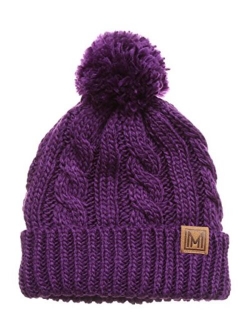 MIRMARU Winter Oversized Cable Knitted Pom Pom Beanie Hat with Fleece Lining.