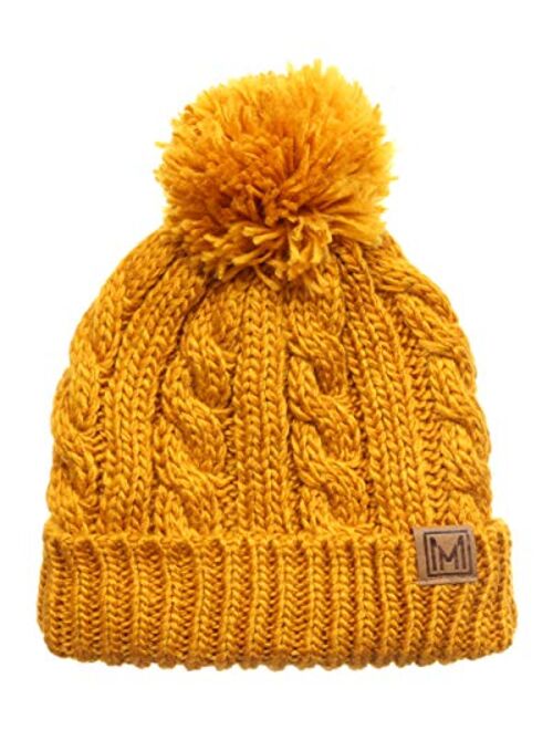 MIRMARU Winter Oversized Cable Knitted Pom Pom Beanie Hat with Fleece Lining.