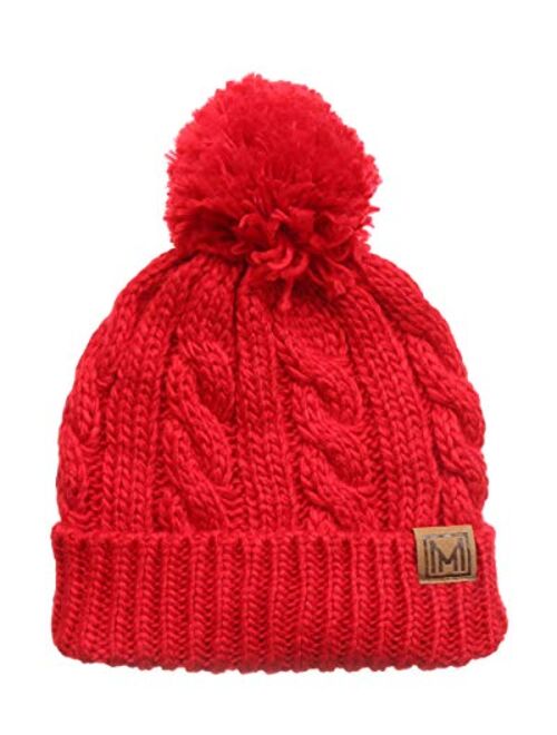 MIRMARU Winter Oversized Cable Knitted Pom Pom Beanie Hat with Fleece Lining.