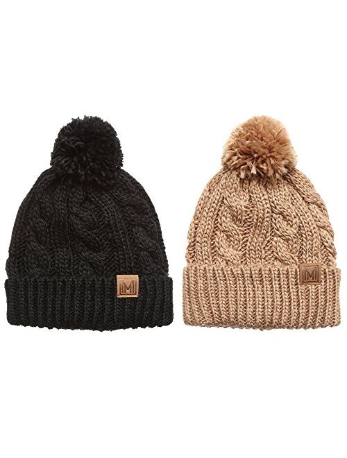 MIRMARU Winter Oversized Cable Knitted Pom Pom Beanie Hat with Fleece Lining.