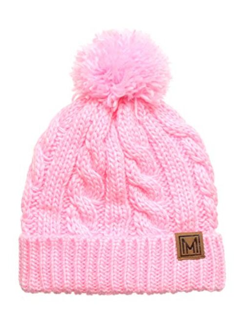 MIRMARU Winter Oversized Cable Knitted Pom Pom Beanie Hat with Fleece Lining.